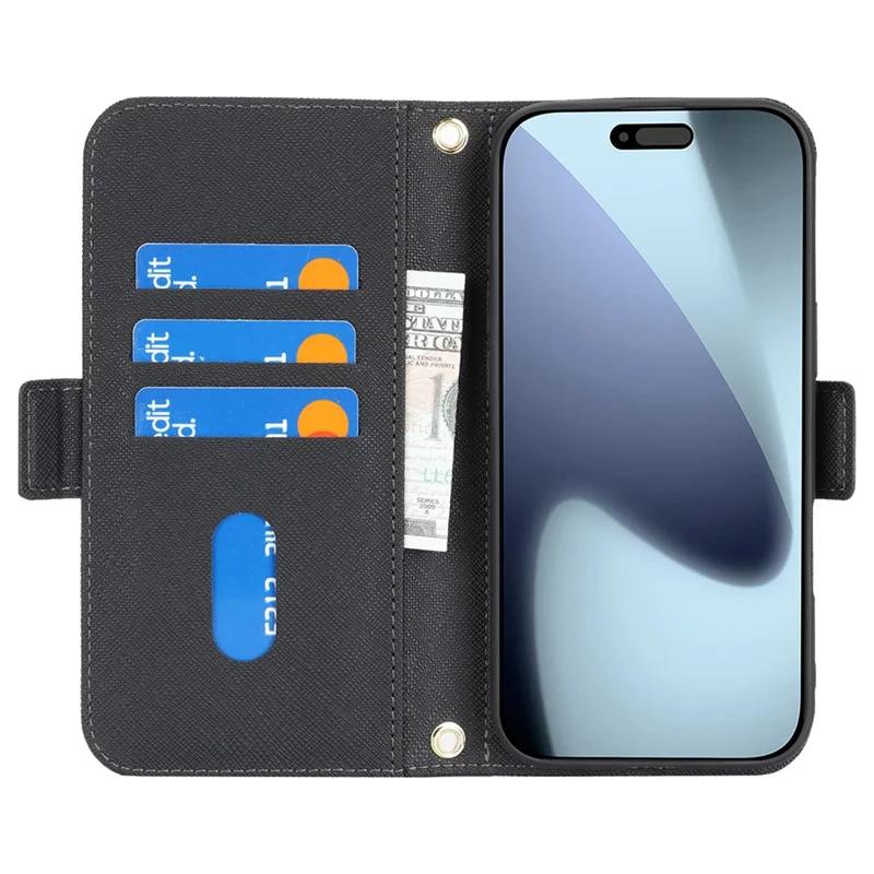 For iPhone 17 Pro Max Stand Case Cross Texture PU Leather Wallet Phone Cover with Shoulder Strap  /  Makeup Mirror - Black