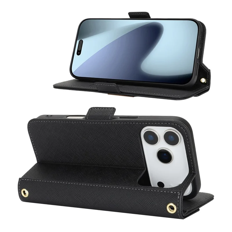 For iPhone 17 Pro Max Stand Case Cross Texture PU Leather Wallet Phone Cover with Shoulder Strap  /  Makeup Mirror - Black