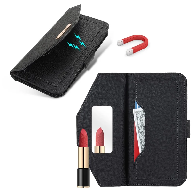 For iPhone 17 Pro Max Stand Case Cross Texture PU Leather Wallet Phone Cover with Shoulder Strap  /  Makeup Mirror - Black