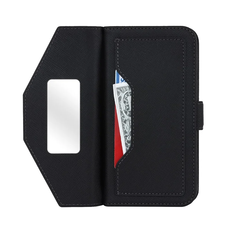 For iPhone 17 Pro Max Stand Case Cross Texture PU Leather Wallet Phone Cover with Shoulder Strap  /  Makeup Mirror - Black