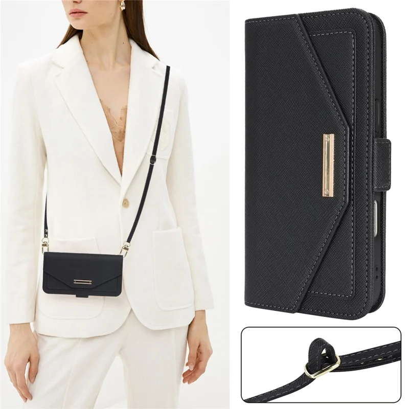 For iPhone 17 Pro Max Stand Case Cross Texture PU Leather Wallet Phone Cover with Shoulder Strap  /  Makeup Mirror - Black