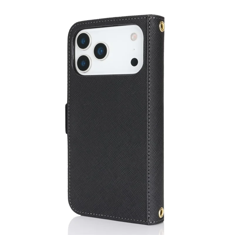 For iPhone 17 Pro Max Stand Case Cross Texture PU Leather Wallet Phone Cover with Shoulder Strap  /  Makeup Mirror - Black