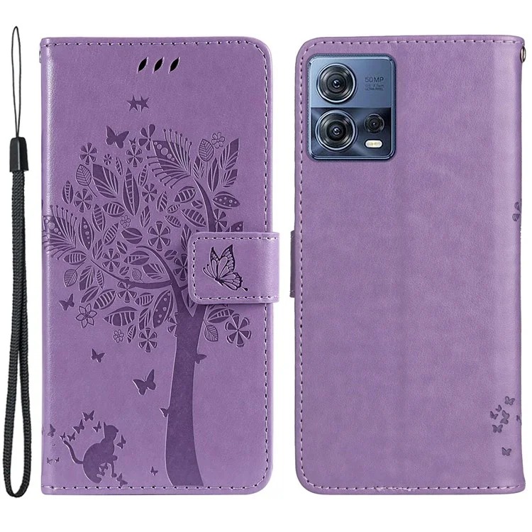 KT Spruding Flower Series 3 Für Motorola Edge 30 Fusion 5G / Moto S30 Pro 5G Drop Prävention PU Leder Telefonabdeckung Geprinktes Katzenbaummuster Brieftasche Telefonhülle - Helles Lila