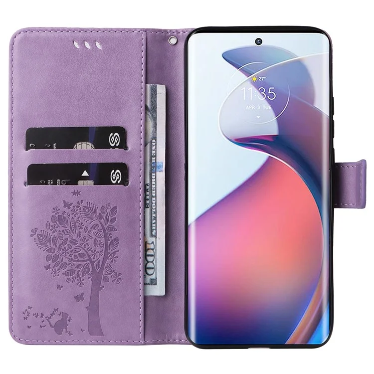 KT Spruding Flower Series 3 Für Motorola Edge 30 Fusion 5G / Moto S30 Pro 5G Drop Prävention PU Leder Telefonabdeckung Geprinktes Katzenbaummuster Brieftasche Telefonhülle - Helles Lila