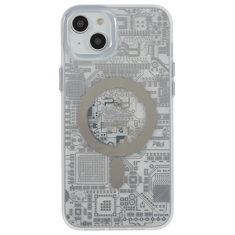 PQY Geek Series Magnetic Case for iPhone 14 Compatible with MagSafe, Circuit Board Style Metal+TPU+PET Shock Absorption Phone Cover - Silver