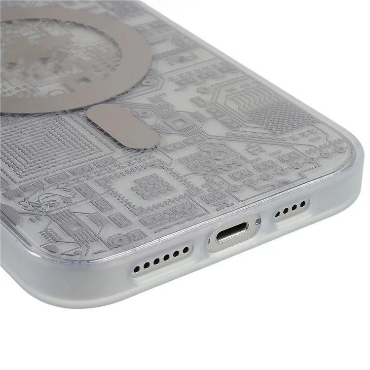 PQY Geek Series Magnetic Case for iPhone 14 Compatible with MagSafe, Circuit Board Style Metal+TPU+PET Shock Absorption Phone Cover - Silver