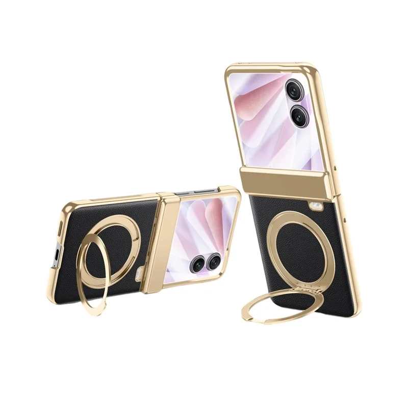 For Honor Magic V Flip 2 Case Magnetic Rotating Kickstand Leather + PC + Acrylic Phone Cover with Tempered Glass Rear Screen Film - Black