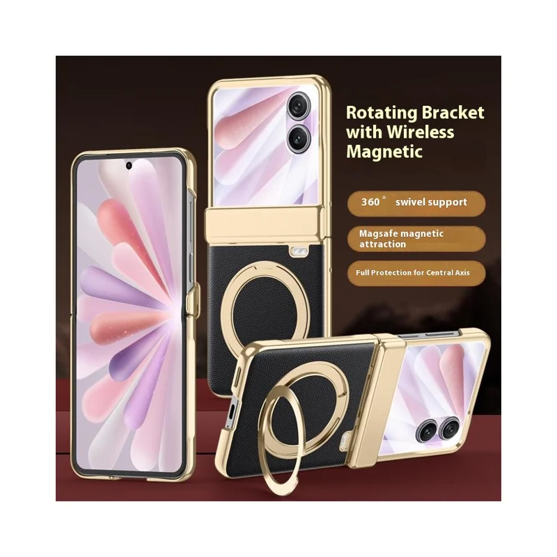 For Honor Magic V Flip 2 Case Magnetic Rotating Kickstand Leather + PC + Acrylic Phone Cover with Tempered Glass Rear Screen Film - Black