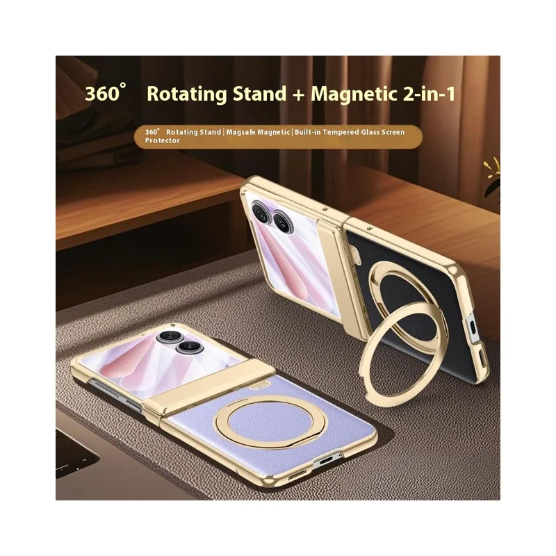 For Honor Magic V Flip 2 Case Magnetic Rotating Kickstand Leather + PC + Acrylic Phone Cover with Tempered Glass Rear Screen Film - Black