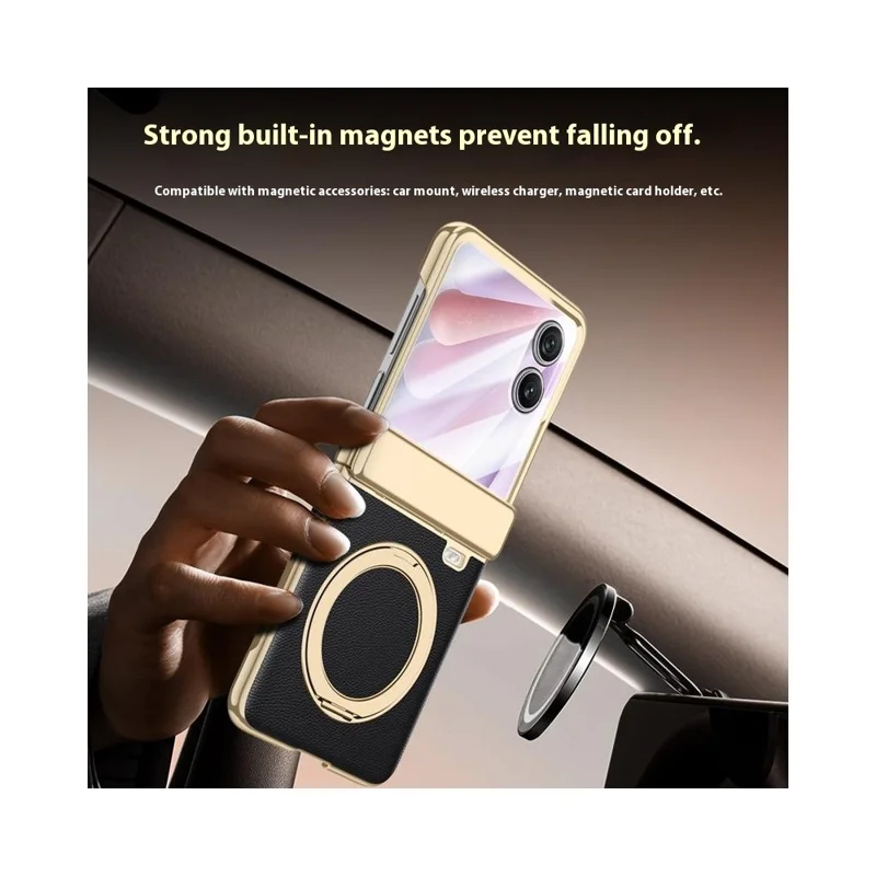 For Honor Magic V Flip 2 Case Magnetic Rotating Kickstand Leather + PC + Acrylic Phone Cover with Tempered Glass Rear Screen Film - Black