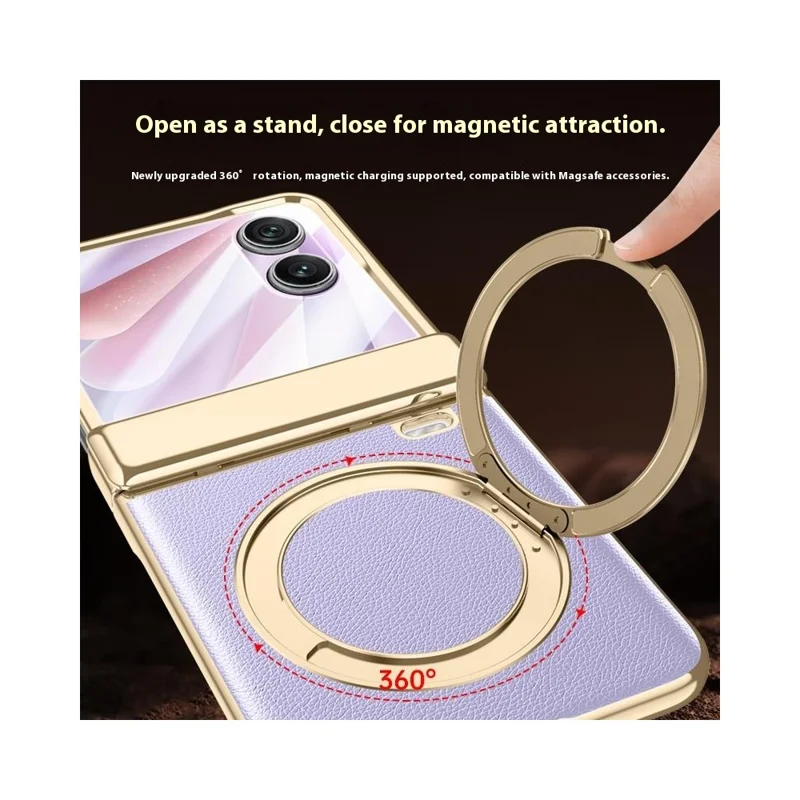 For Honor Magic V Flip 2 Case Magnetic Rotating Kickstand Leather + PC + Acrylic Phone Cover with Tempered Glass Rear Screen Film - Black