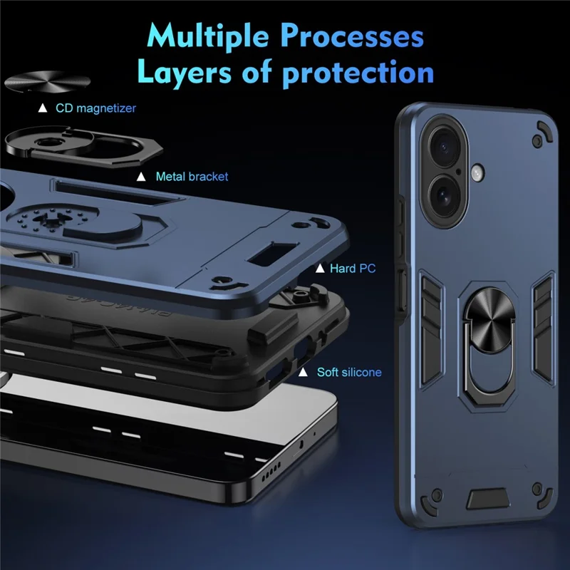 For iPhone 17 Case PC + TPU Drop Defend Phone Cover with Ring Kickstand - Blue