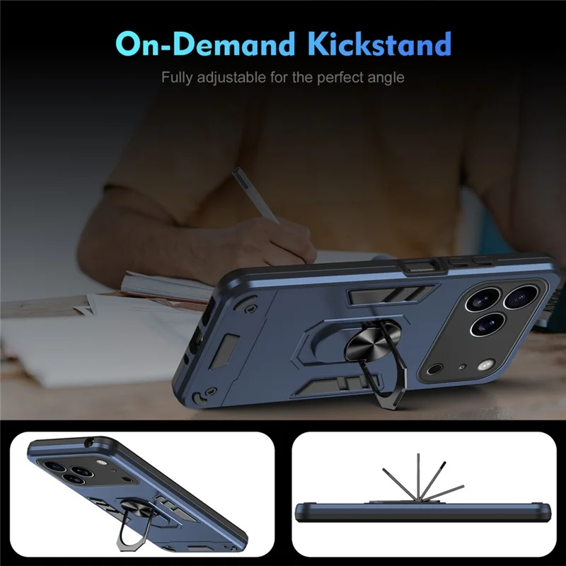 For iPhone 17 Pro Max Case PC + TPU Drop Defend Phone Cover with Ring Kickstand - Blue