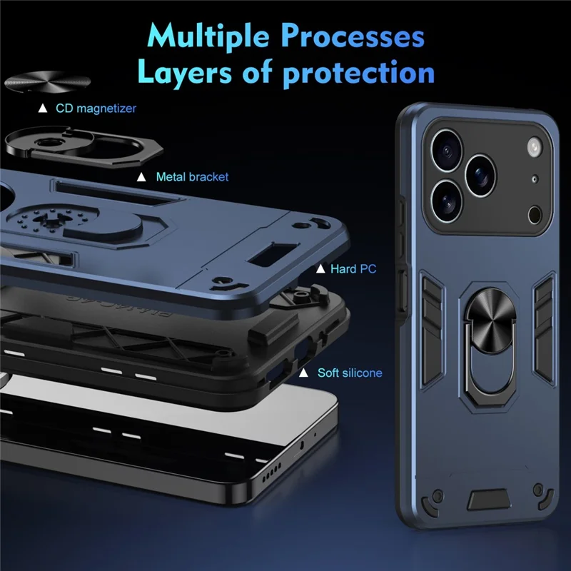For iPhone 17 Pro Max Case PC + TPU Drop Defend Phone Cover with Ring Kickstand - Blue