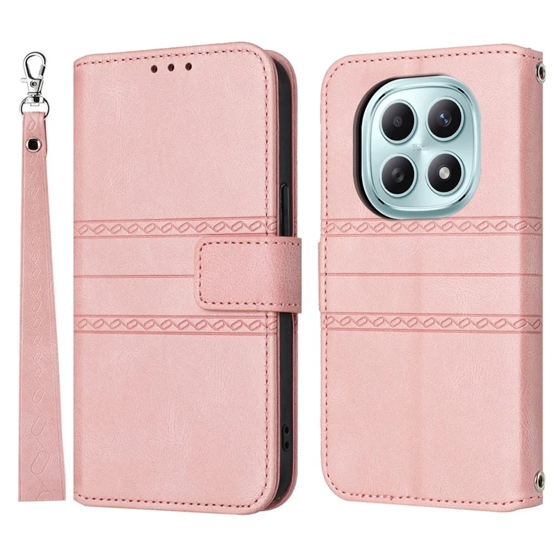 For Xiaomi Redmi Note 15 5G (Global) Case Wallet Skin-Touch Leather Imprinted Phone Cover with Wrist Strap - Pink