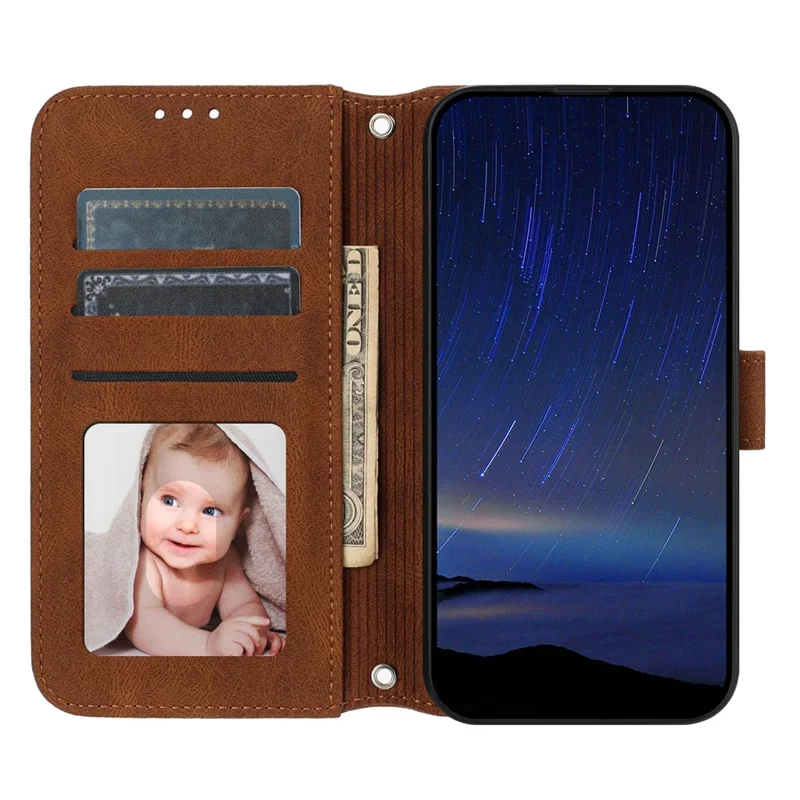Voor Xiaomi Redmi Note 15 Pro+ 5G hoesje portemonnee Skintouch lederen bedrukte telefoonhoes met polsbandje - Bruin
