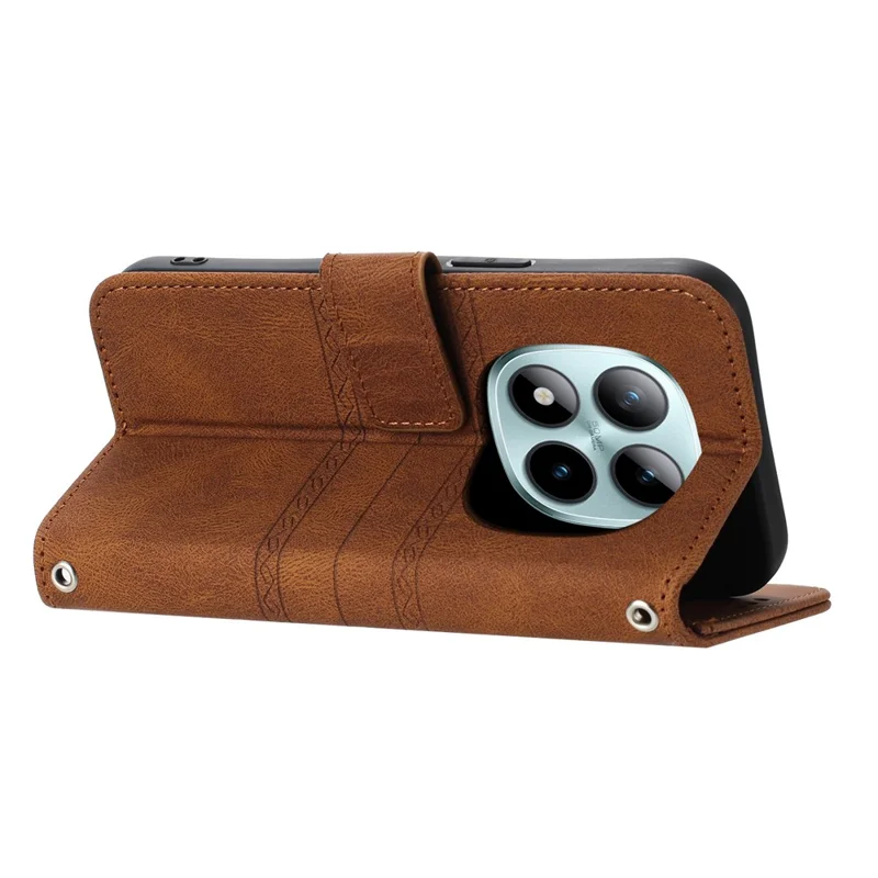 Voor Xiaomi Redmi Note 15 Pro+ 5G hoesje portemonnee Skintouch lederen bedrukte telefoonhoes met polsbandje - Bruin