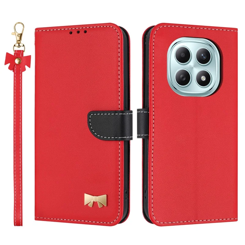 For Xiaomi Redmi Note 15 5G (Global) / 15 4G (Global) Case Bowknot Decor Wallet Leather Phone Cover with Wrist Strap - Red