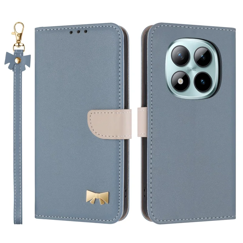 Xiaomi Redmi Note 15 Pro 5G hoesje met strikdecor, portemonnee van lederen telefoonhoes met polsbandje - Babyblauw