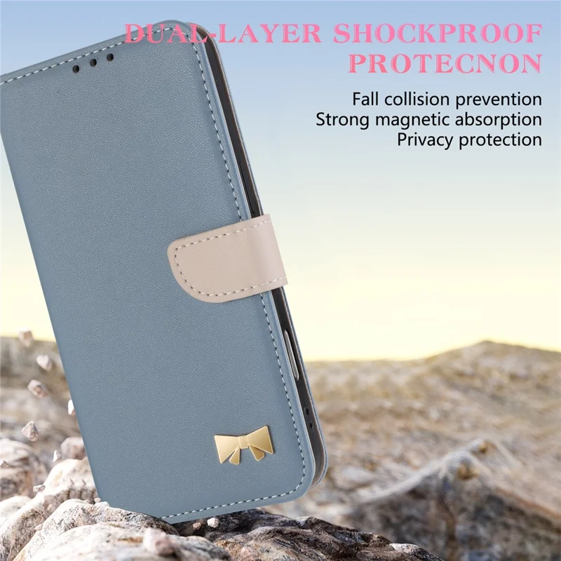 Xiaomi Redmi Note 15 Pro 5G hoesje met strikdecor, portemonnee van lederen telefoonhoes met polsbandje - Babyblauw