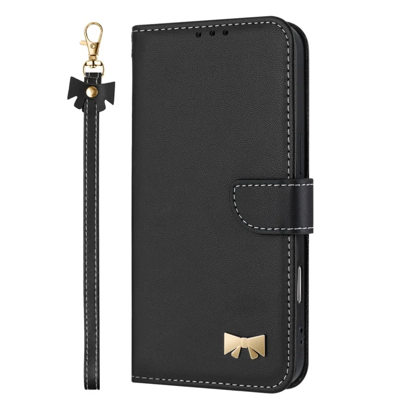 For Xiaomi Poco M8 Pro 5G / Redmi Note 15 Pro+ 5G (Global) Case Bowknot Decor Wallet Leather Phone Cover with Wrist Strap - Black