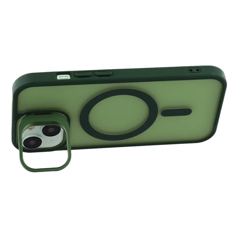 For iPhone 15 Plus / 14 Plus Case Compatible with MagSafe Lens Kickstand TPU + PC Matte Phone Cover - Dark Green