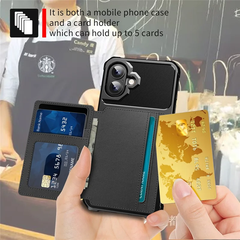 For iPhone 17 Case with Card Holder PU Leather + TPU Phone Back Cover - Black
