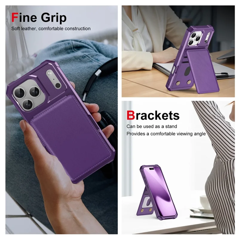 iPhone 17 Pro-hoes met kaartslot en standaard van PU-leer + TPU-telefoonhoes - Paars