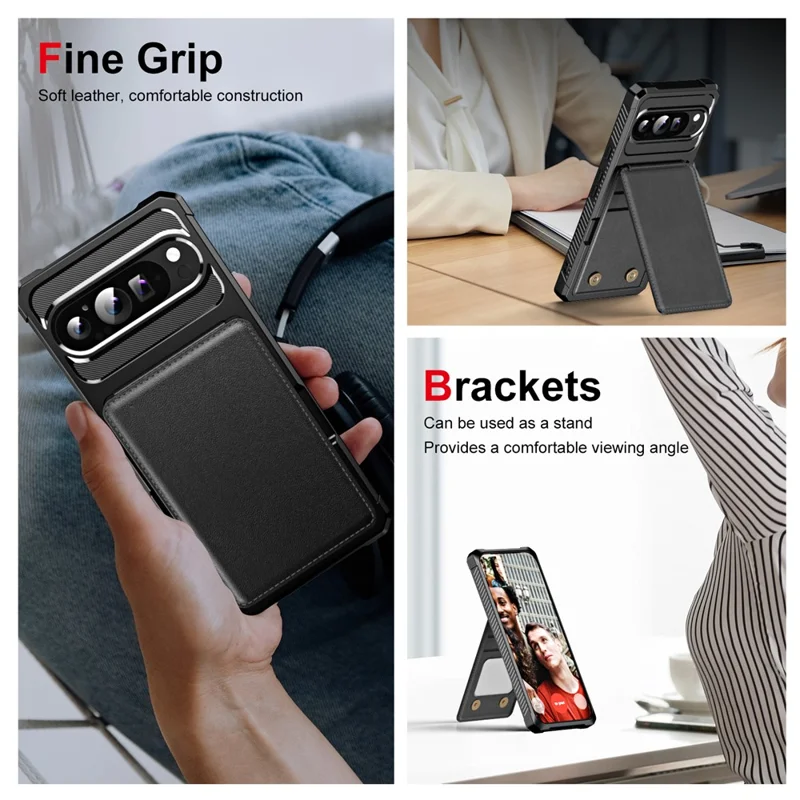 For Google Pixel 10 Pro XL Case with Card Slot Kickstand PU Leather + TPU Phone Cover - Black