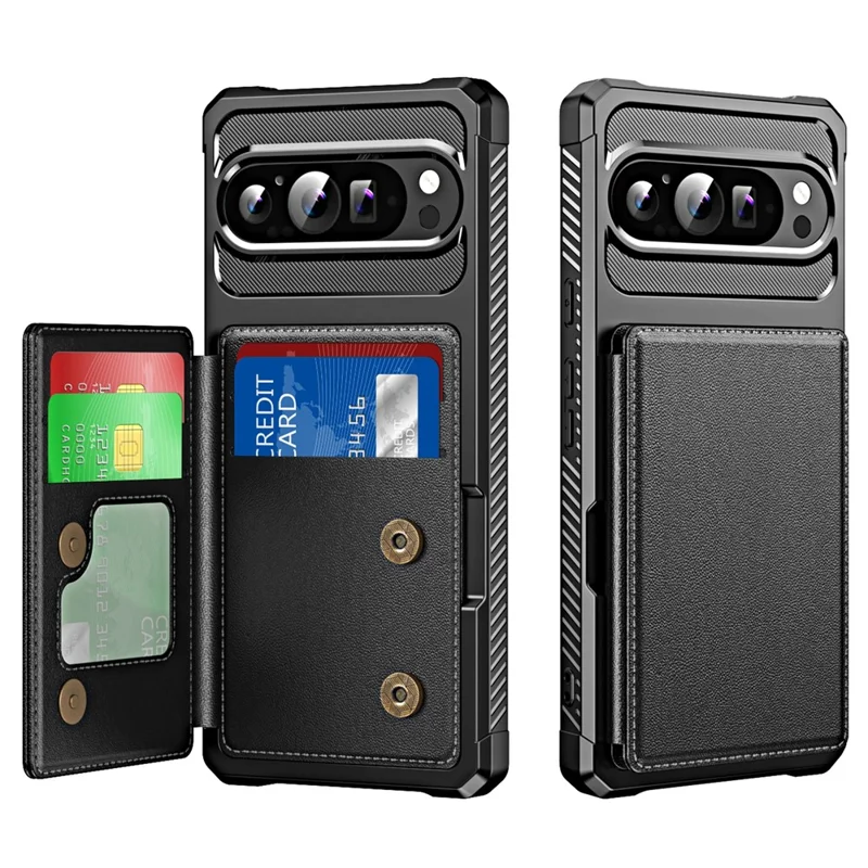 For Google Pixel 10 / Pixel 10 Pro Case Card Slot Kickstand Leather + TPU Reinforced Corner Phone Cover - Black