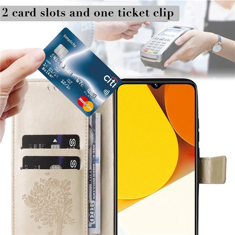 KT Imprinting Flower Series-3 per vivo Y35 / Y22s 4G / Y22 4G Custodia Flip Protettiva per Telefono con Motivo Albero di Gatti Stampato Portafoglio in Pelle PU Antiusura - Oro