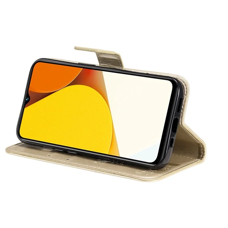 KT Imprinting Flower Series-3 per vivo Y35 / Y22s 4G / Y22 4G Custodia Flip Protettiva per Telefono con Motivo Albero di Gatti Stampato Portafoglio in Pelle PU Antiusura - Oro