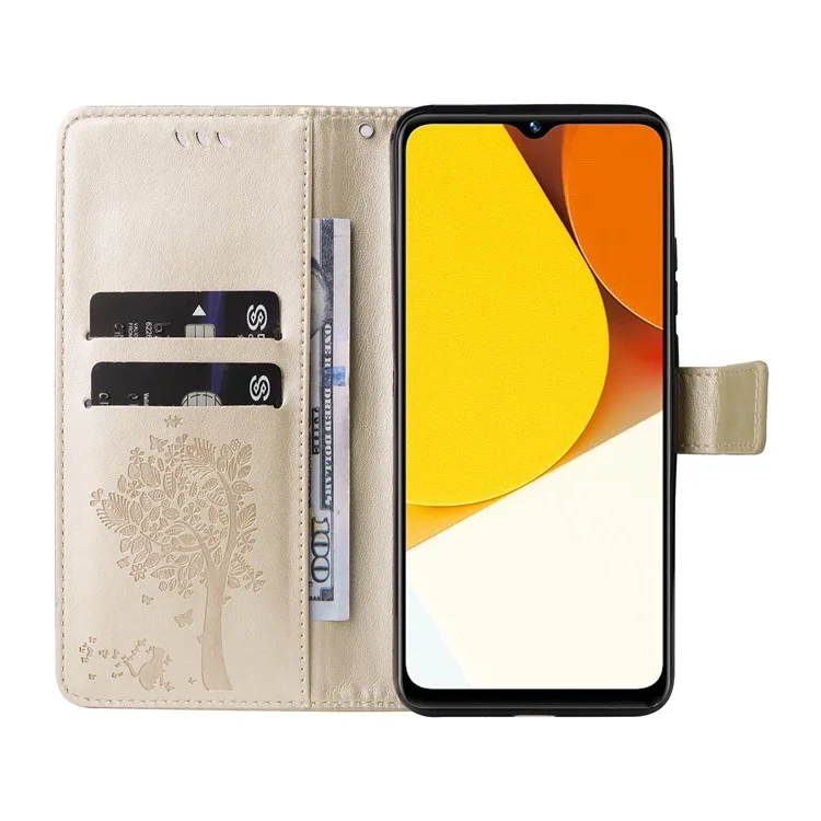 KT Imprinting Flower Series-3 per vivo Y35 / Y22s 4G / Y22 4G Custodia Flip Protettiva per Telefono con Motivo Albero di Gatti Stampato Portafoglio in Pelle PU Antiusura - Oro
