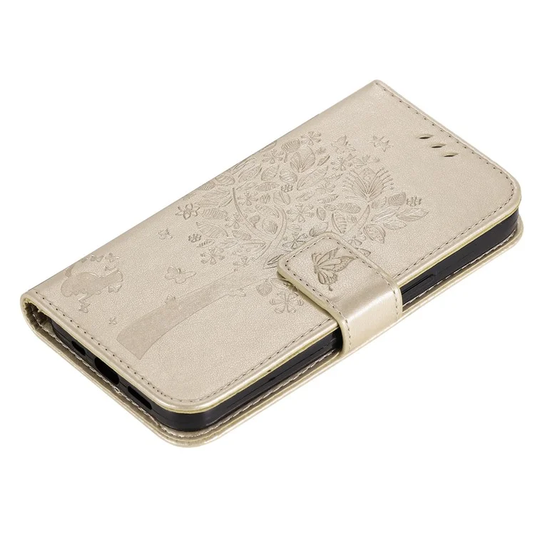 KT Imprinting Flower Series-3 per vivo Y35 / Y22s 4G / Y22 4G Custodia Flip Protettiva per Telefono con Motivo Albero di Gatti Stampato Portafoglio in Pelle PU Antiusura - Oro