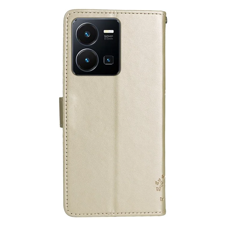 KT Imprinting Flower Series-3 per vivo Y35 / Y22s 4G / Y22 4G Custodia Flip Protettiva per Telefono con Motivo Albero di Gatti Stampato Portafoglio in Pelle PU Antiusura - Oro