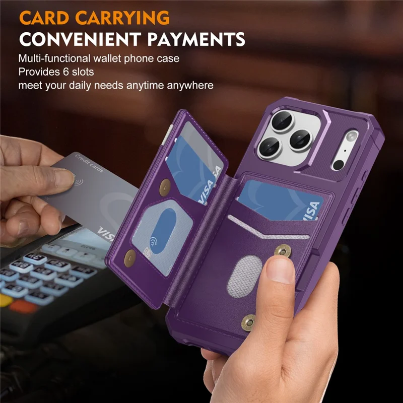 For iPhone 17 Pro Case RFID Blocking Card Slot Kickstand Leather + TPU Phone Cover - Purple