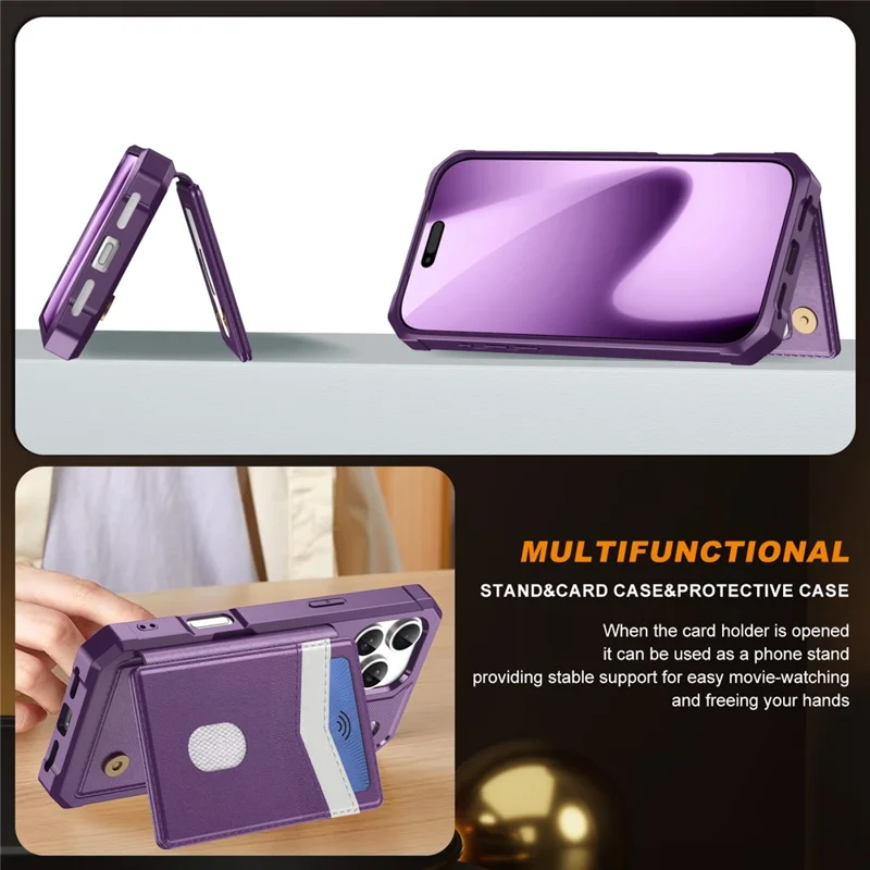 For iPhone 17 Pro Case RFID Blocking Card Slot Kickstand Leather + TPU Phone Cover - Purple
