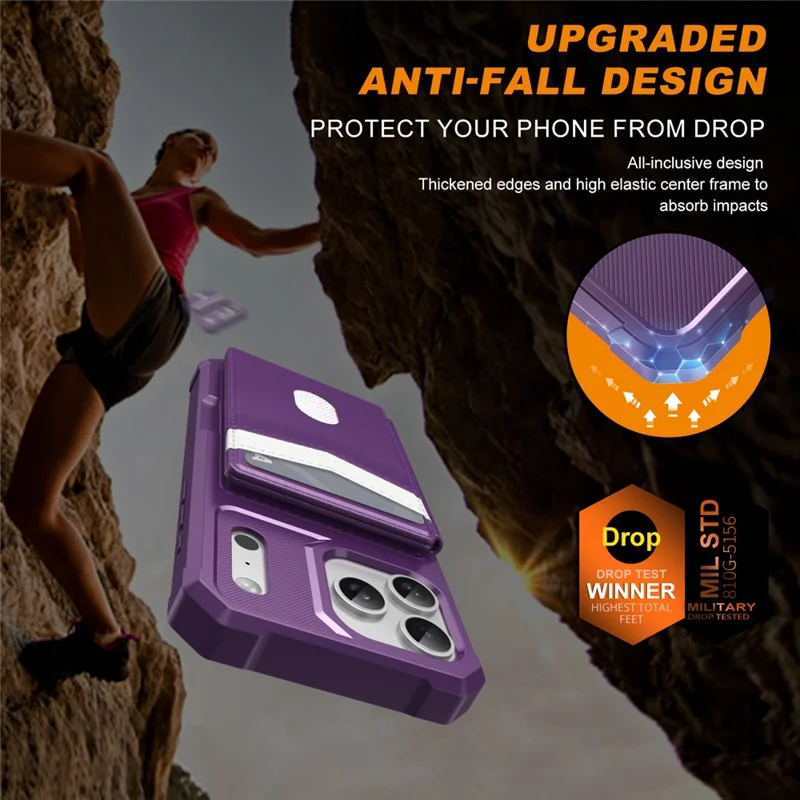 For iPhone 17 Pro Case RFID Blocking Card Slot Kickstand Leather + TPU Phone Cover - Purple