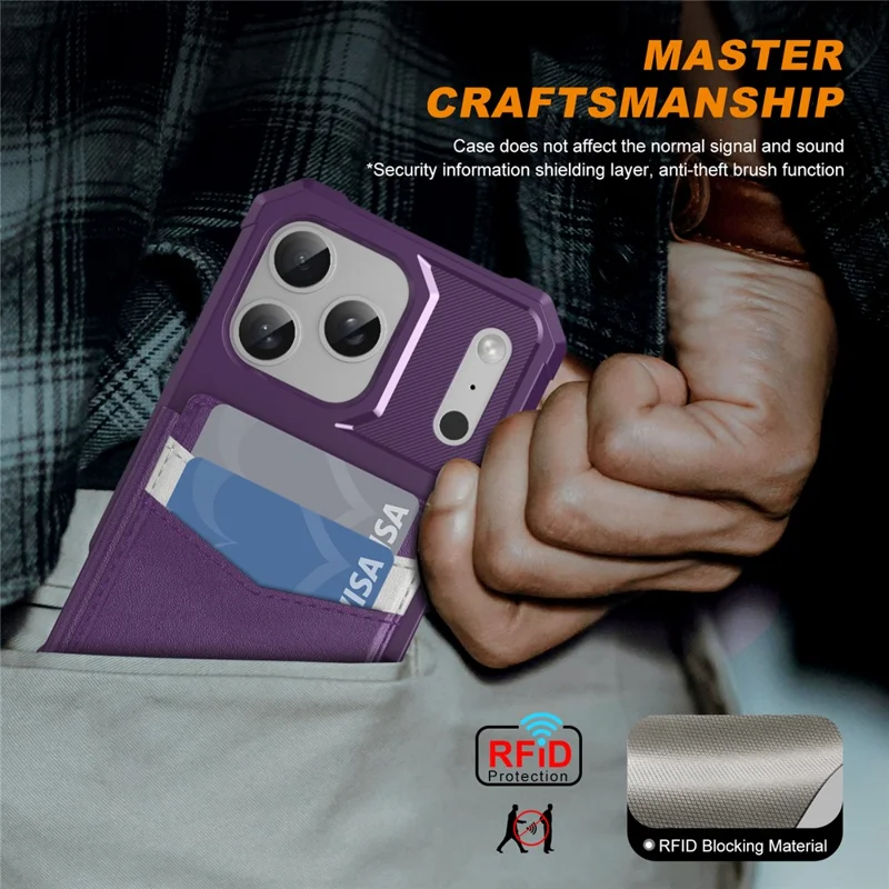 For iPhone 17 Pro Case RFID Blocking Card Slot Kickstand Leather + TPU Phone Cover - Purple