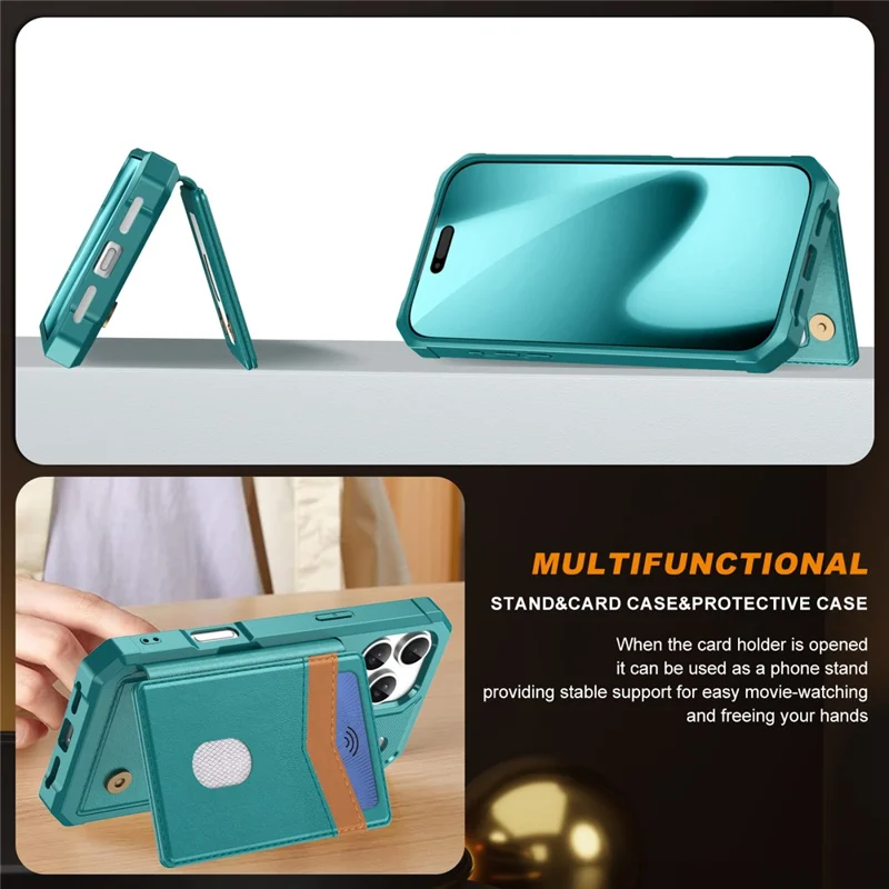 For iPhone 17 Pro Case RFID Blocking Card Slot Kickstand Leather + TPU Phone Cover - Green