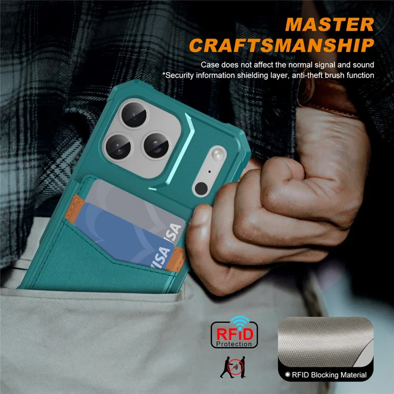 For iPhone 17 Pro Case RFID Blocking Card Slot Kickstand Leather + TPU Phone Cover - Green