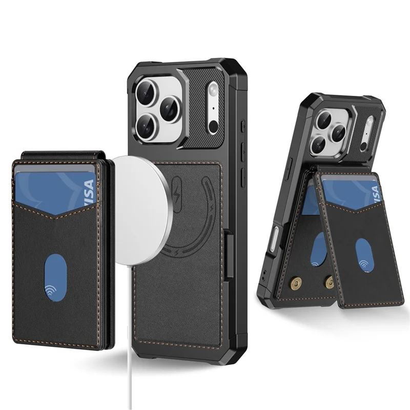 For iPhone 17 Pro Magnetic Case Detachable Card Slot Kickstand Leather + TPU Phone Cover - Black