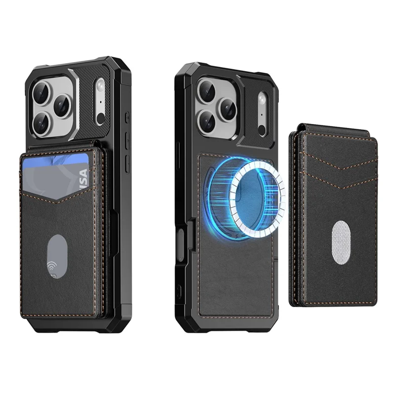 For iPhone 17 Pro Magnetic Case Detachable Card Slot Kickstand Leather + TPU Phone Cover - Black