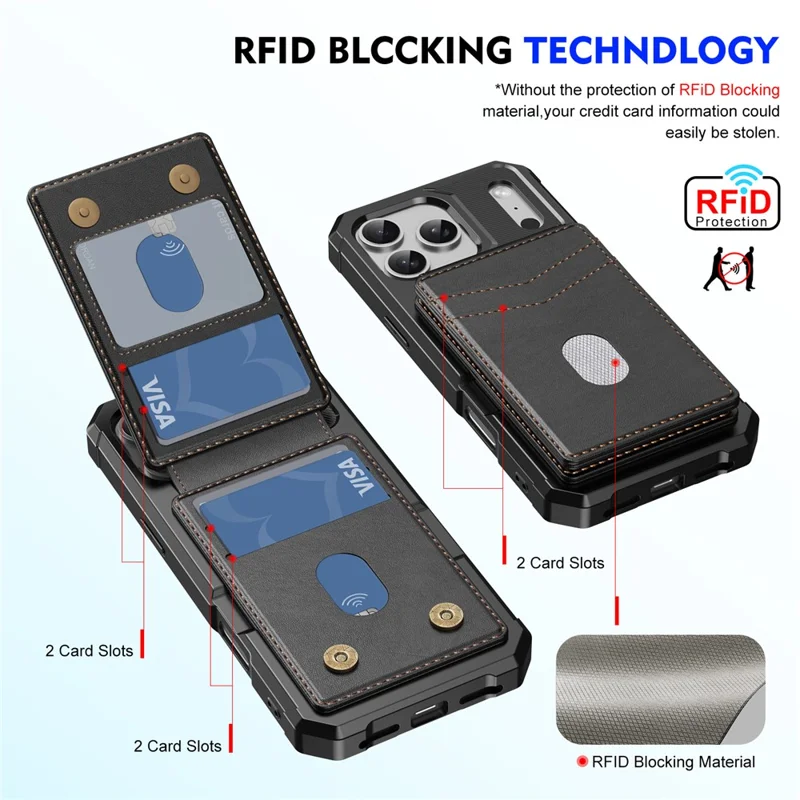 For iPhone 17 Pro Magnetic Case Detachable Card Slot Kickstand Leather + TPU Phone Cover - Black