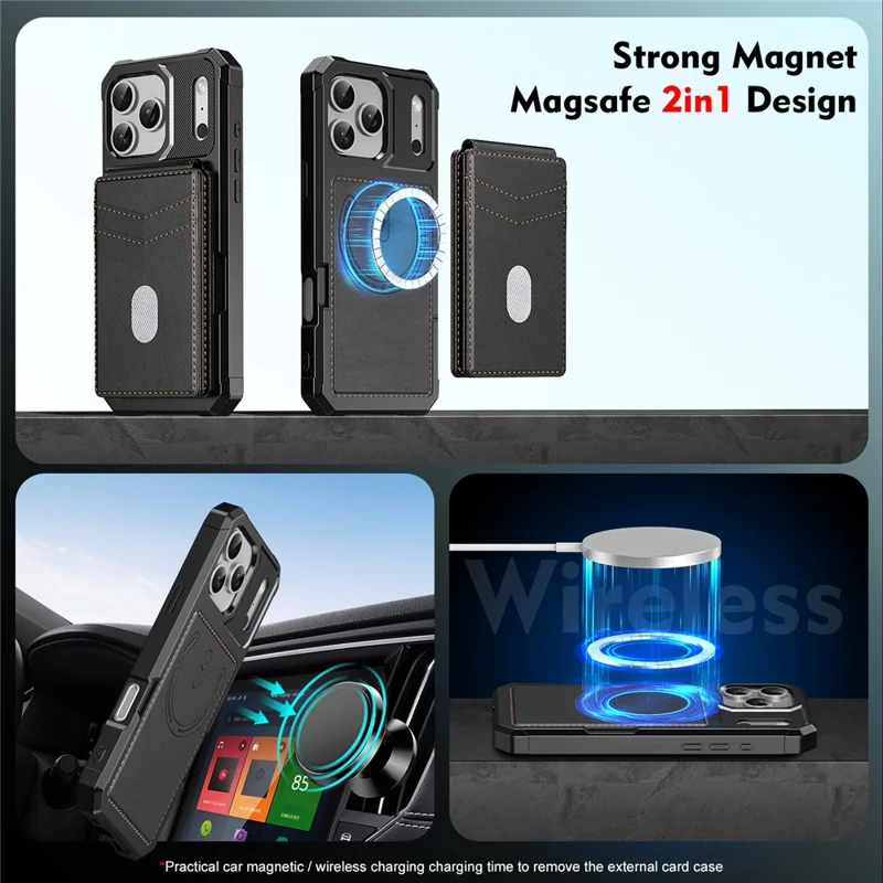 For iPhone 17 Pro Magnetic Case Detachable Card Slot Kickstand Leather + TPU Phone Cover - Black