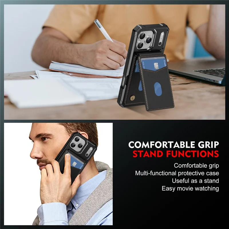 For iPhone 17 Pro Magnetic Case Detachable Card Slot Kickstand Leather + TPU Phone Cover - Black