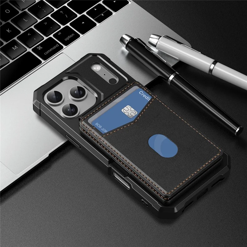 For iPhone 17 Pro Magnetic Case Detachable Card Slot Kickstand Leather + TPU Phone Cover - Black