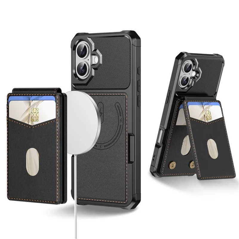 For iPhone 17 Magnetic Case Detachable Card Slot Kickstand Leather + TPU Phone Cover - Black