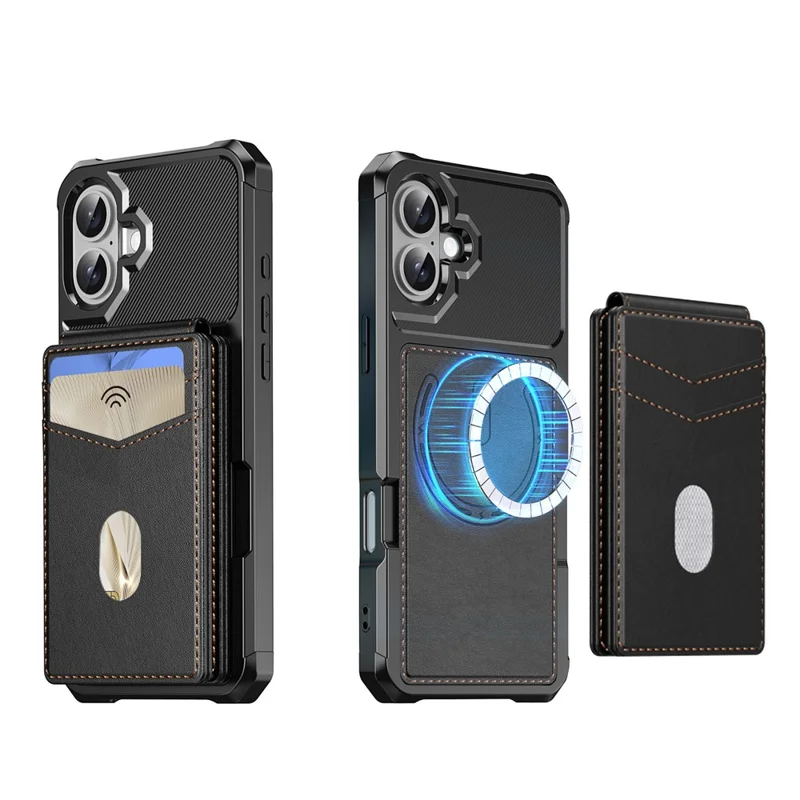For iPhone 17 Magnetic Case Detachable Card Slot Kickstand Leather + TPU Phone Cover - Black