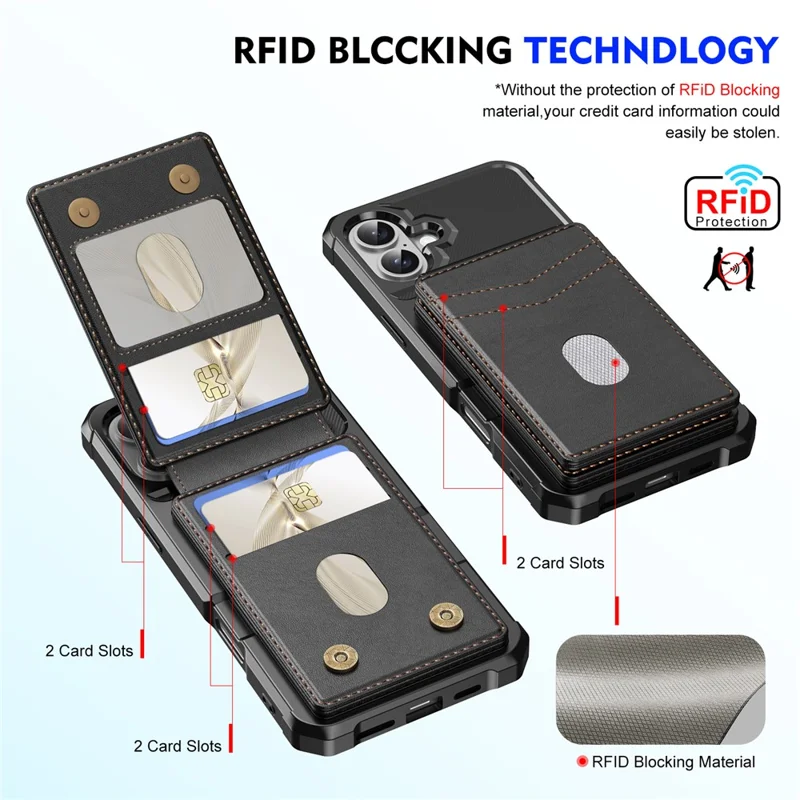 For iPhone 17 Magnetic Case Detachable Card Slot Kickstand Leather + TPU Phone Cover - Black